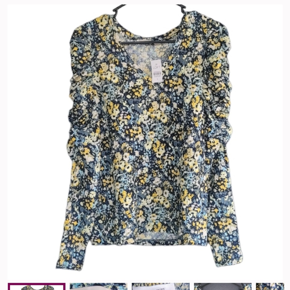 LOFT Floral Blouse Runched sleeves - Navy and Yellow